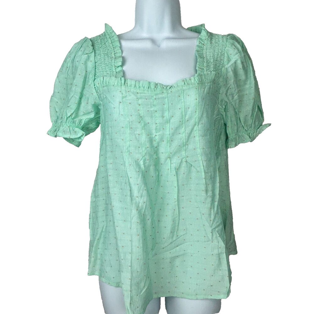 Anthropologie MINE Mint Green Tiny Dot Puff Sleeve Back Bow Top Size M NEW